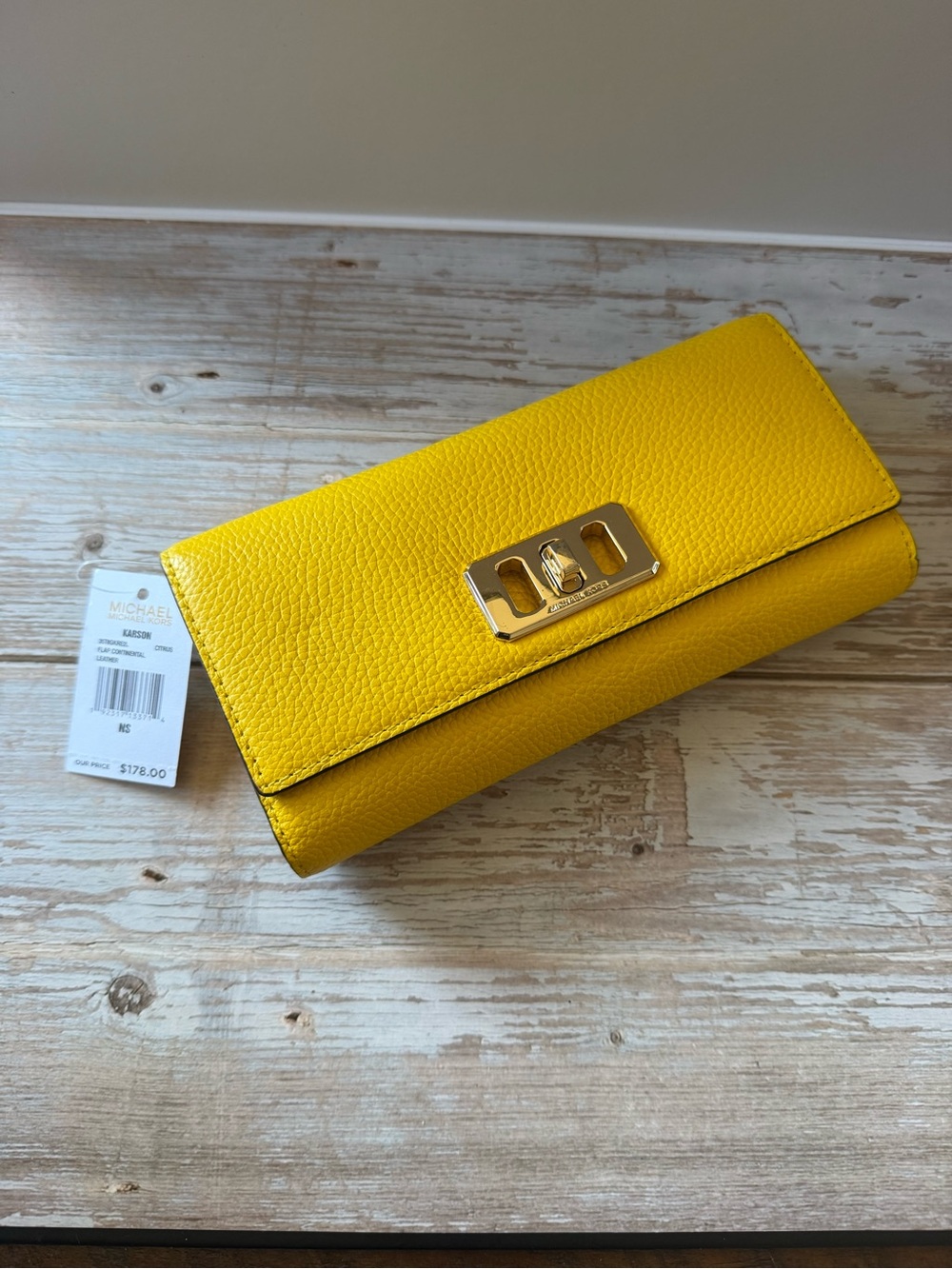 NWT Michael Kors Bright Yellow Pebbled Leather Turn-Lock Wallet